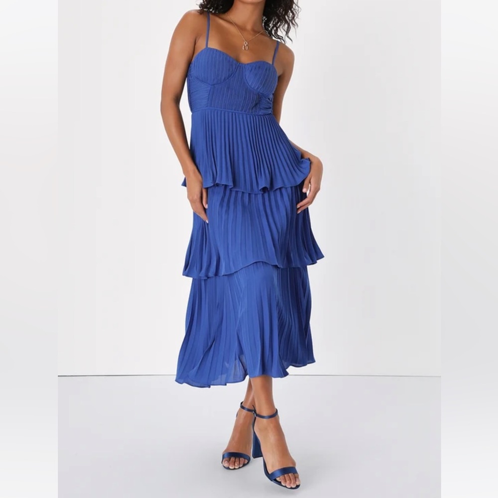 Cascading Cobalt Blue Tiered Bustier Midi Dress